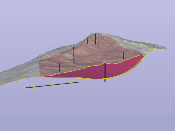 Längsschnitt entlang des SoSto Abschnitt 200-650 m mit Geländeoberfläche (gelb), Gleitfläche (rot) und Kernbohrungen (schwarz).