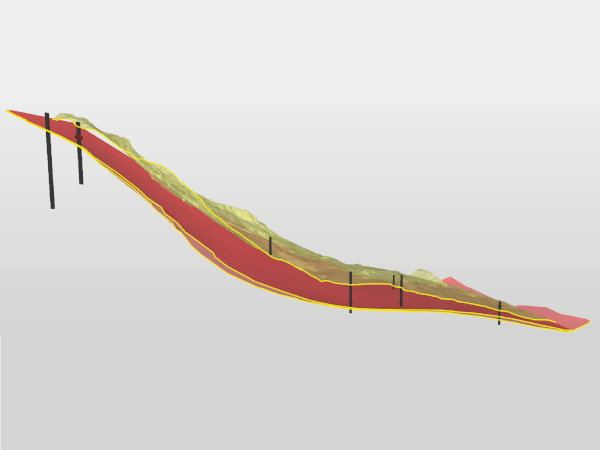 Längsschnitt durch das BIM-Modell Brienz mit in den Kernbohrungen detektierte Gleitfläche (roter Kreis in Bohrsäule).